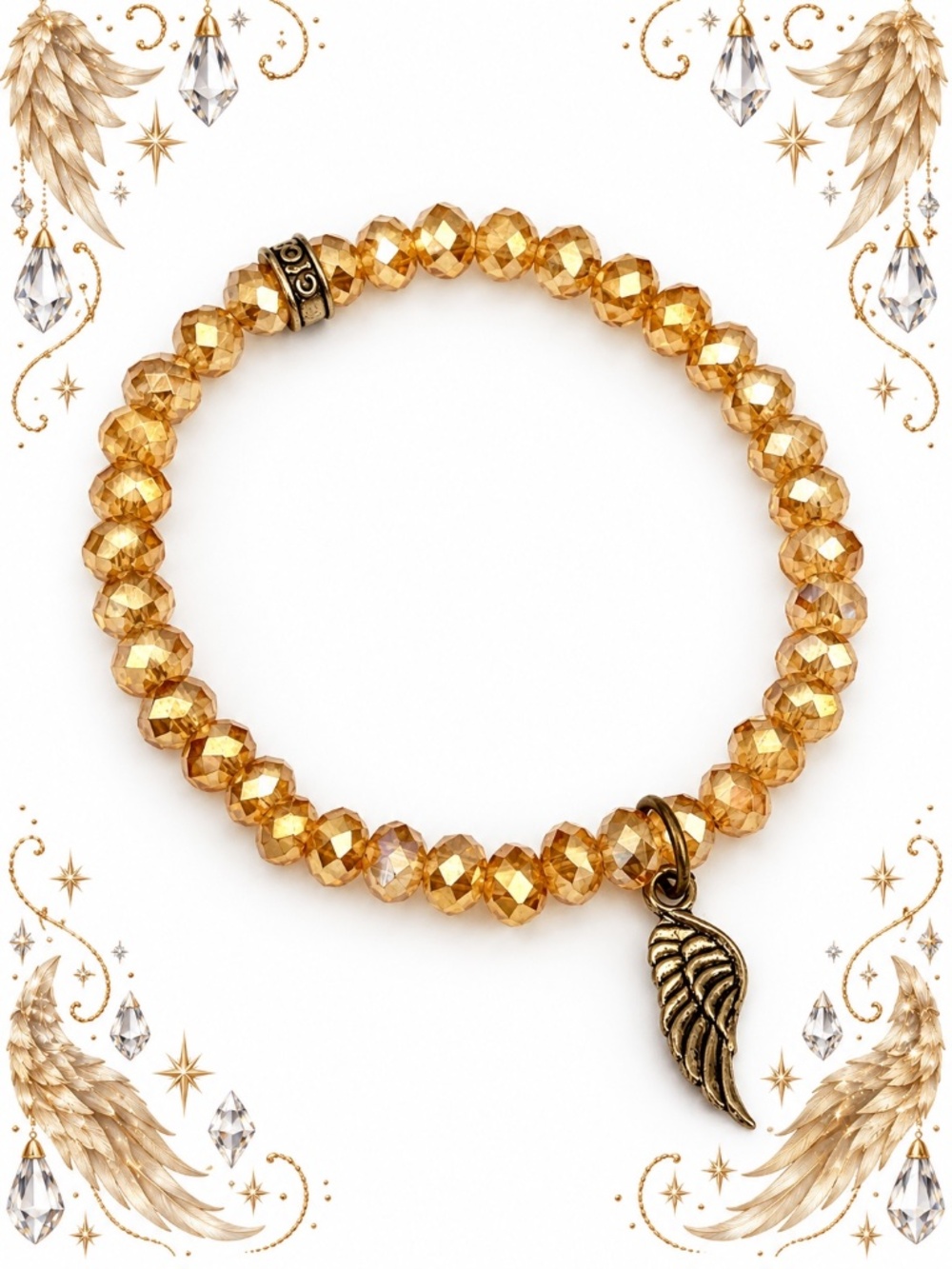 Gold Crystal Bead Stretch Bracelet with Angel Wing Charm - Gold